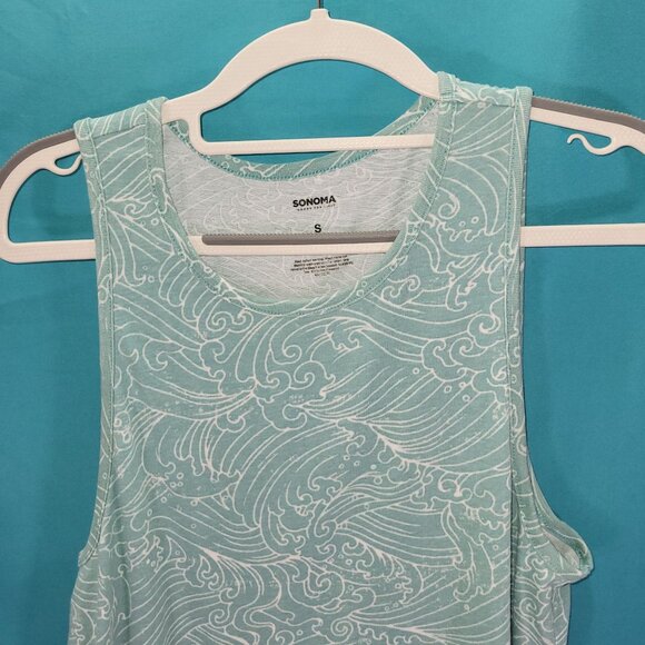 Sonoma Mens Sleeveless Tank Top Wave Print Small Light Blue & White - Picture 2 of 7